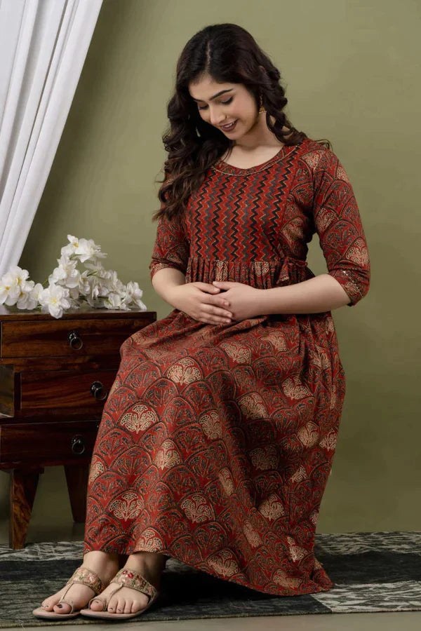 Ofably Cotton Maternity Cum Feeding Kurti Dress For Pre & Post Maternity (Brown)(LUX007)