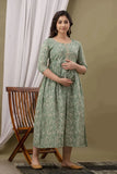 Ofably Light Green with White Print Cotton Maternity Feeding Kurti (LUX0017)