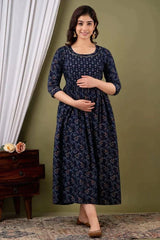 Ofably Cotton Maternity Cum Feeding Dress (Dark Blue)(LUX006)