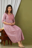 Ofably Pink Cotton Small Flower Print Maternity Feeding Kurti (LUX0018)